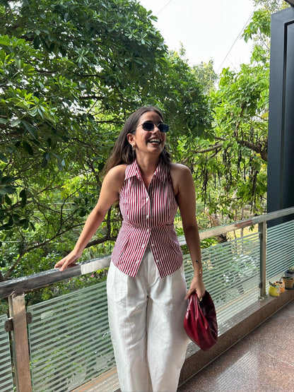 Red stripe halter neck fitted shirt for women