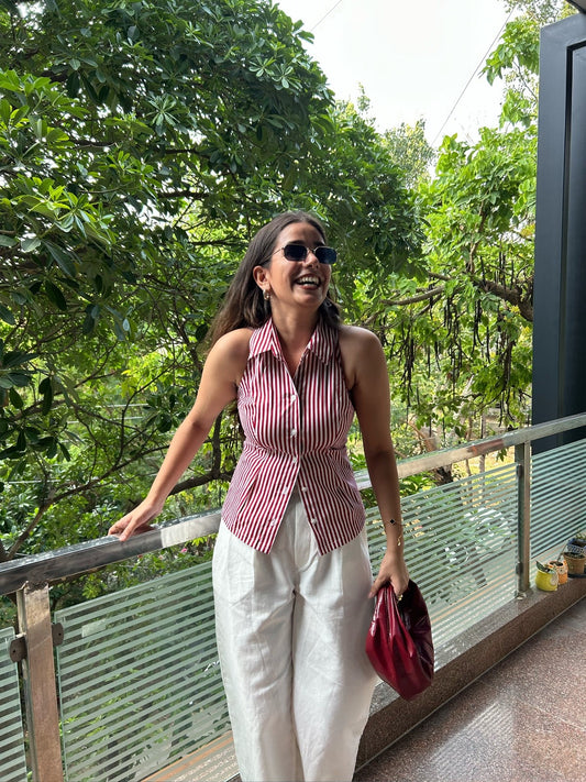 Red stripe halter neck fitted shirt for women