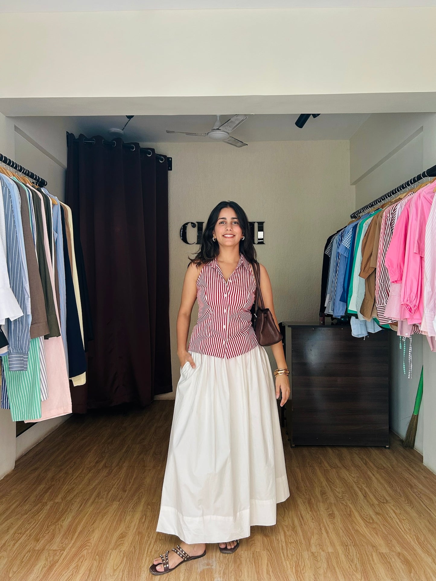 Red stripe halter shirt for brunch outfit