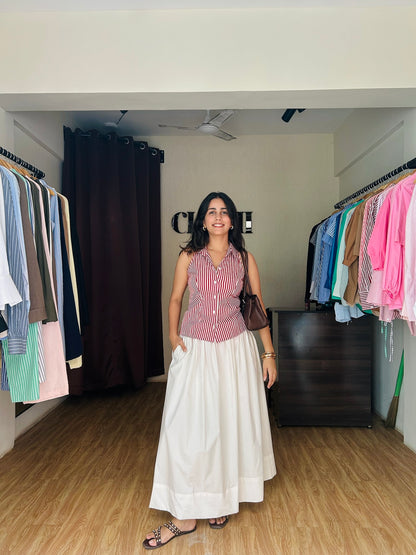 Red stripe halter shirt for brunch outfit