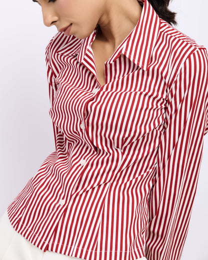 Red vertical stripe fitted button-down shirt