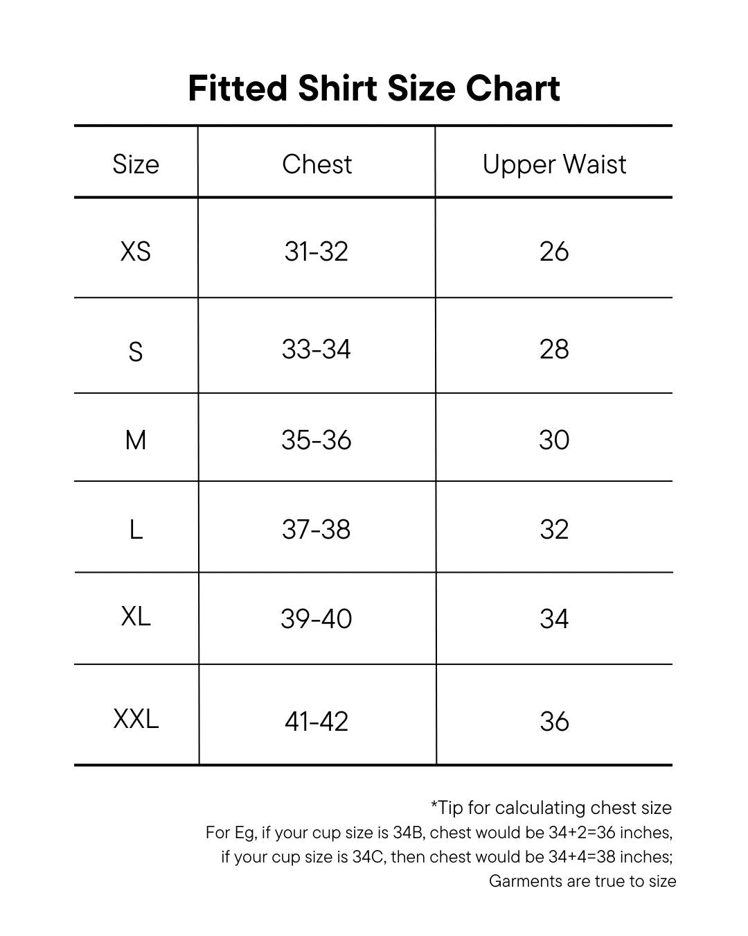 Size Chart Fitted Shirts
