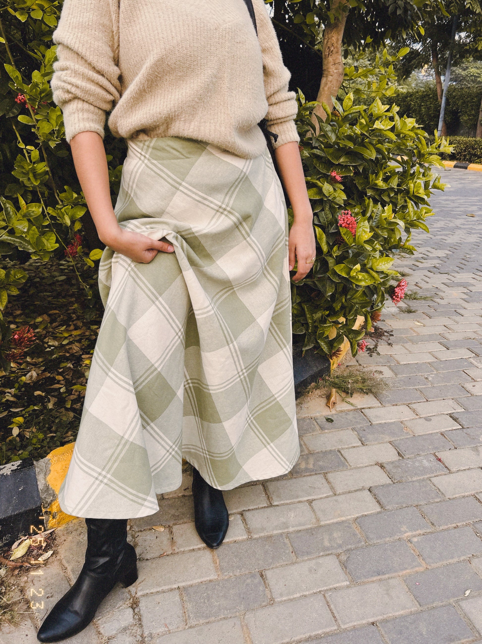 Soft brushed cotton green check skirt close-up