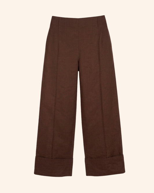 Brown High Waist Pintuck Linen Pants