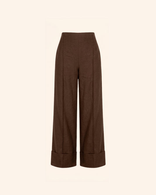 Brown High Waist Pintuck Linen Pants