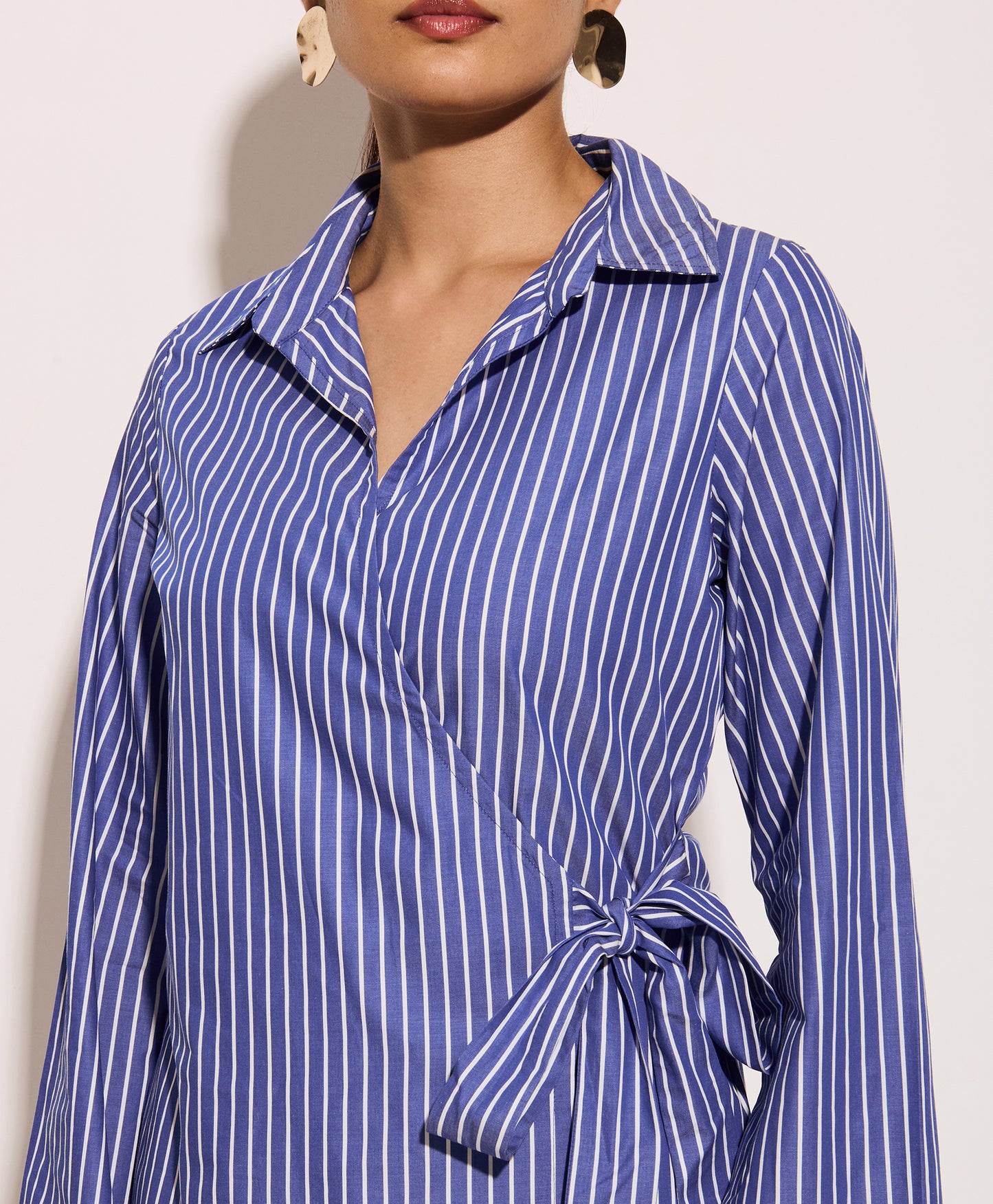 Women Blue Stripe Wrap Shirt
