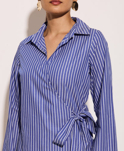 Women Blue Stripe Wrap Shirt