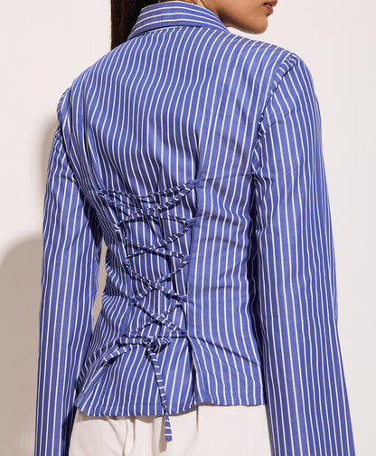Women’s blue striped cotton shirt with tie-back