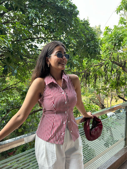 Women’s red striped halter top Clofii