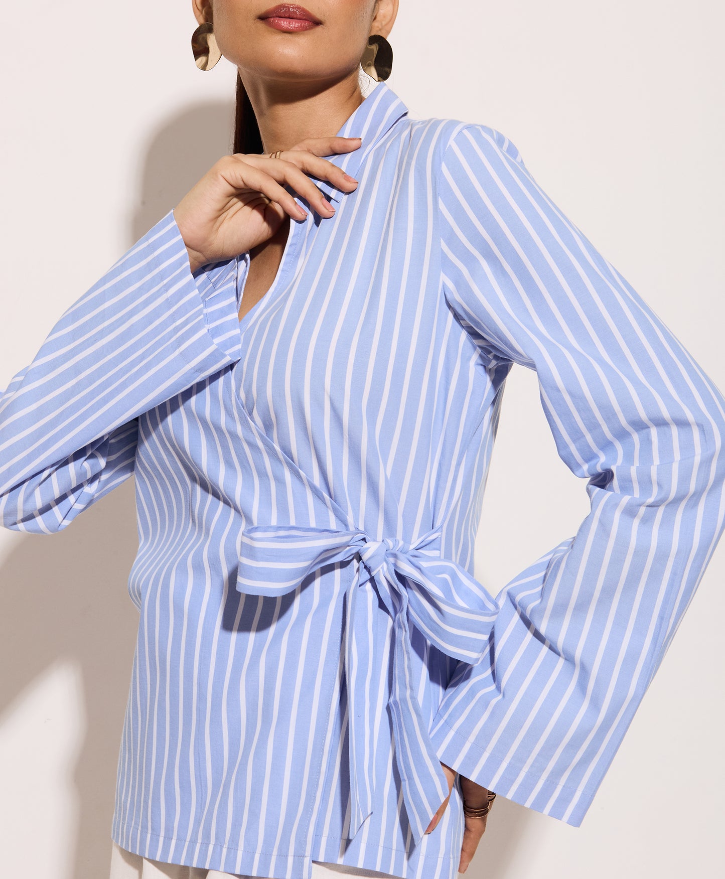 Women’s striped cotton wrap shirt with adjustable waist
