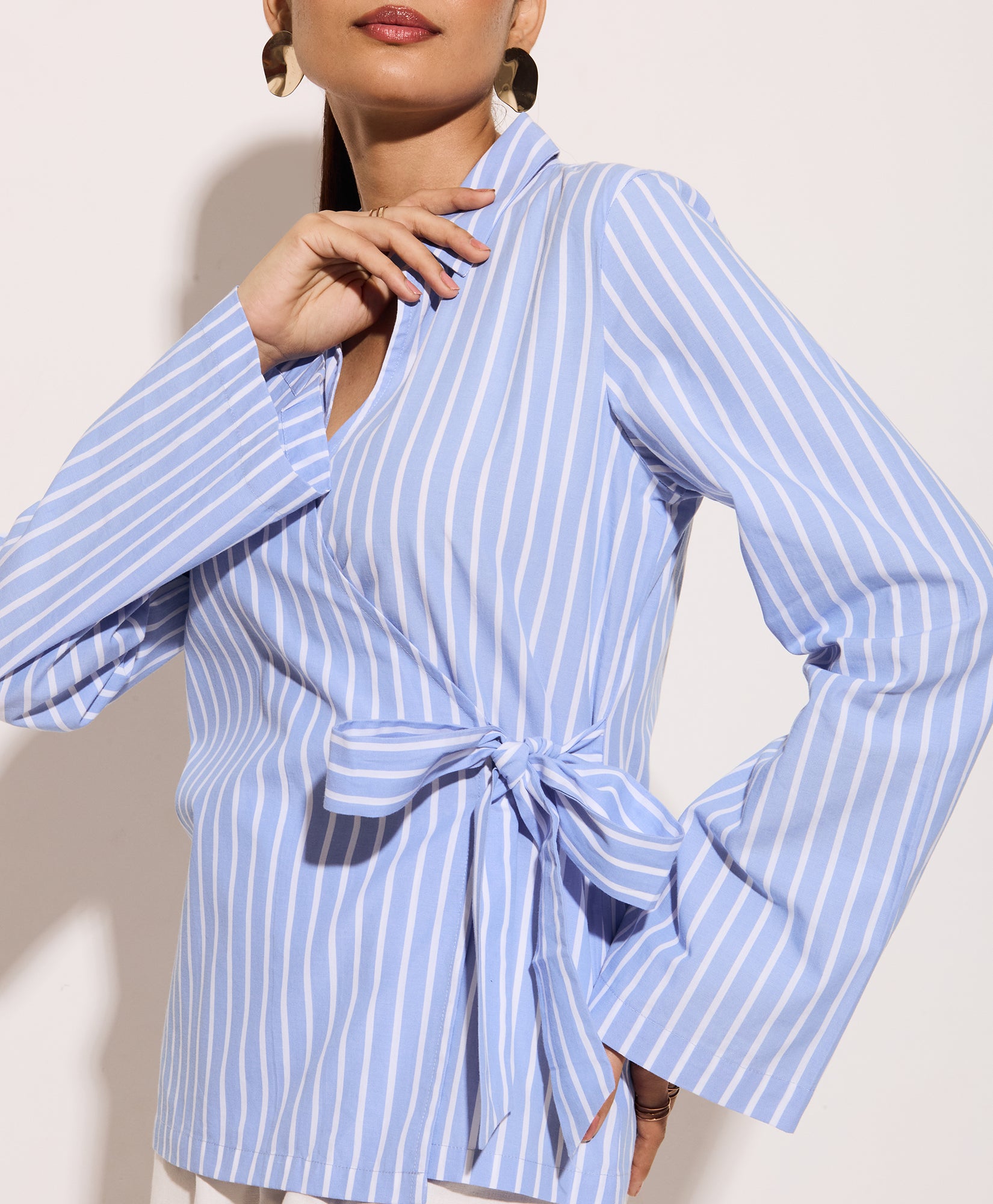 Women’s striped cotton wrap shirt with adjustable waist