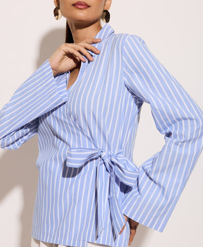 Women’s striped cotton wrap shirt with adjustable waist