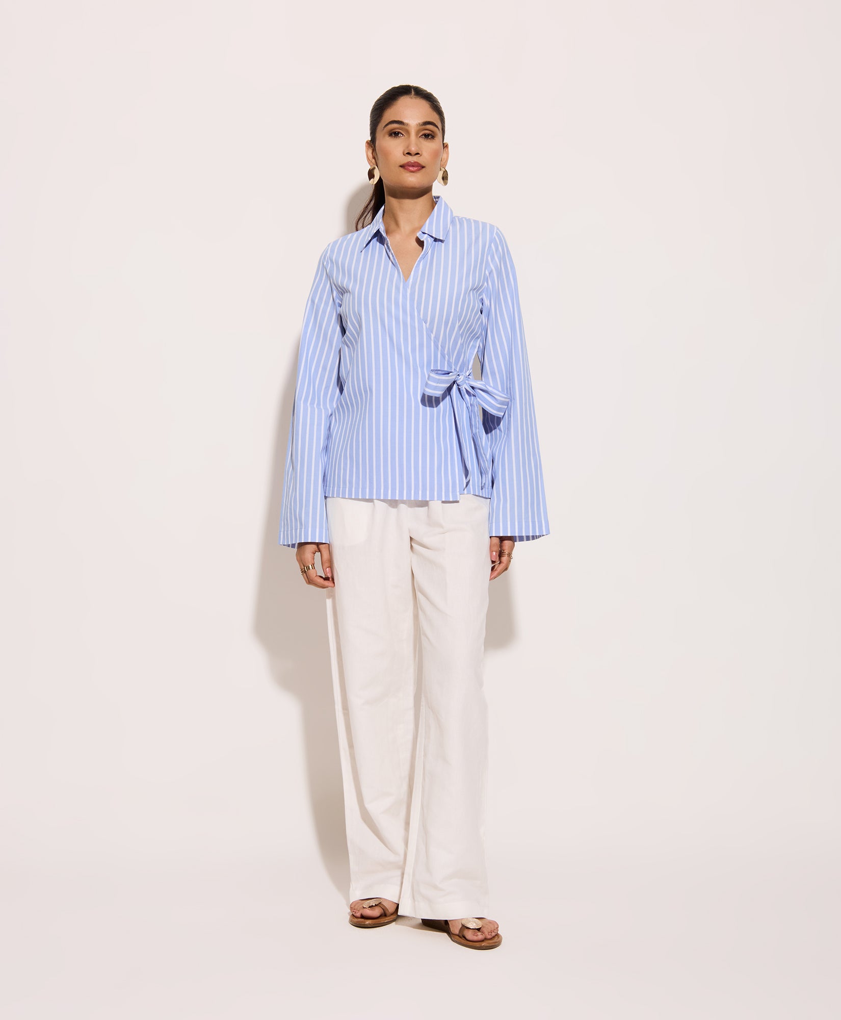 Women’s workwear wrap shirt in powder blue stripes