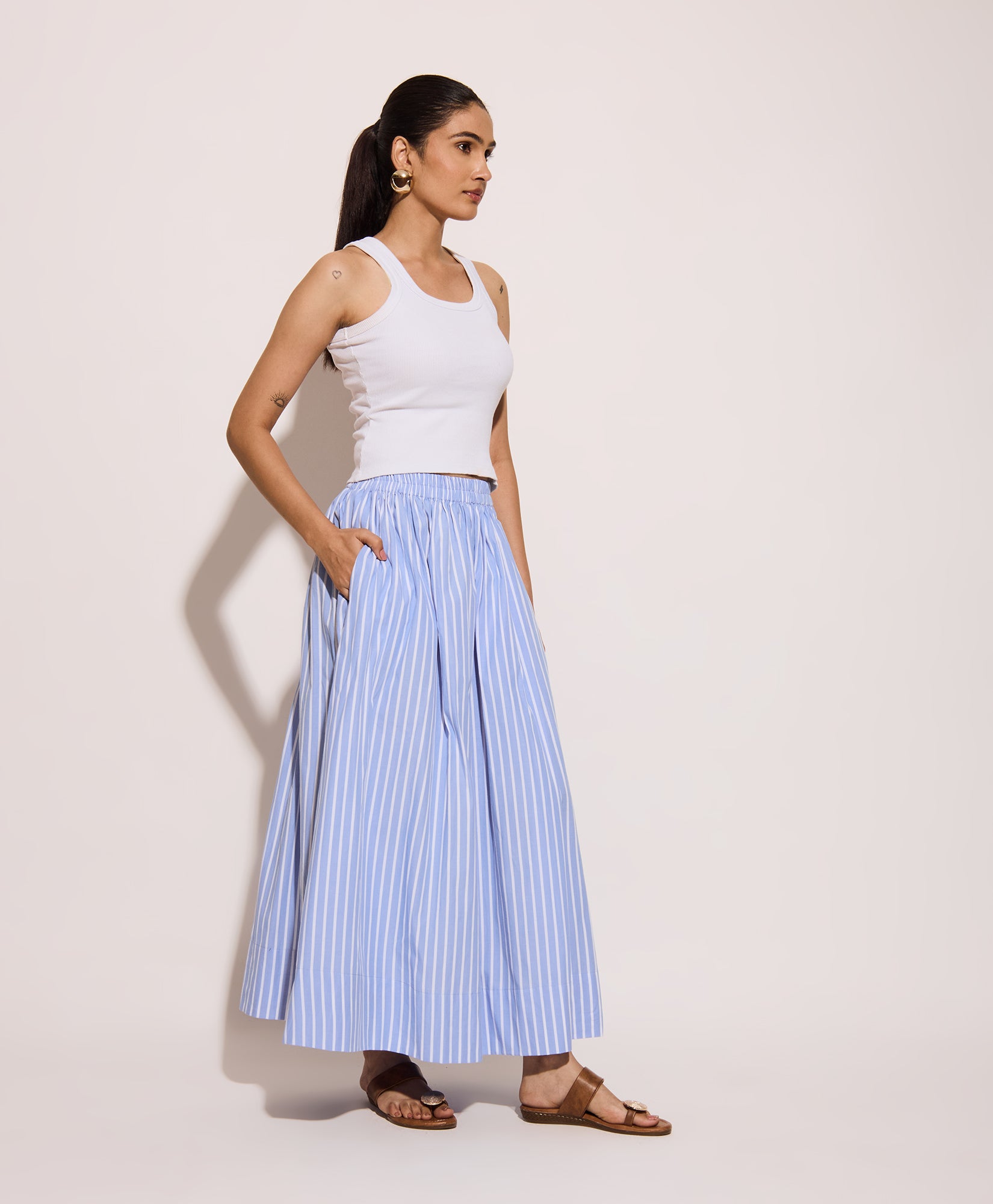 tailored blue and white striped skirt