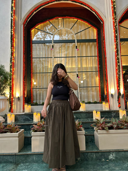 high waisted olive green cotton skirt