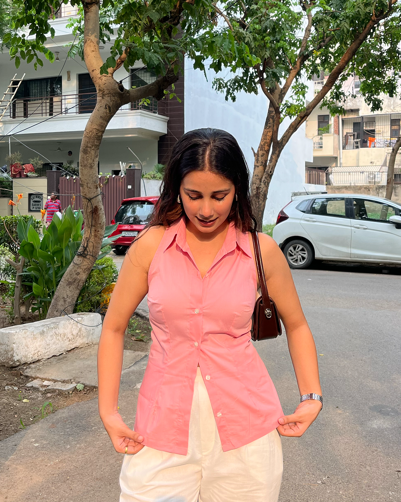 Powder Pink Halter Neck Slim Fit Shirt –  Tie-Back Detail