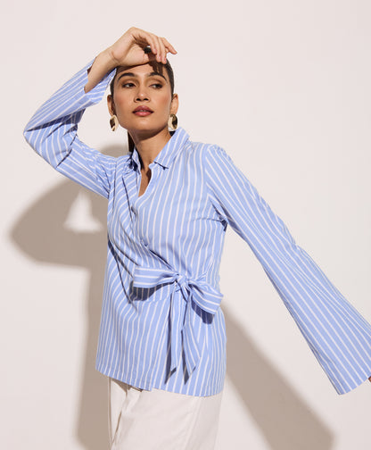 powder blue striped wrap shirt